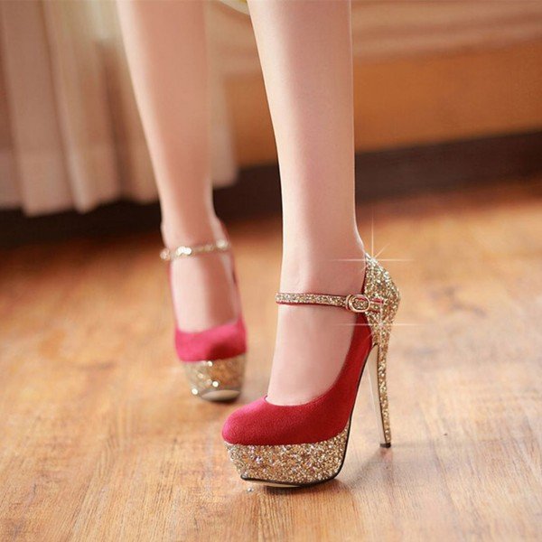 Red and Gold Glitter Bridal Heels Platform Elegant Mary Jane Pumps