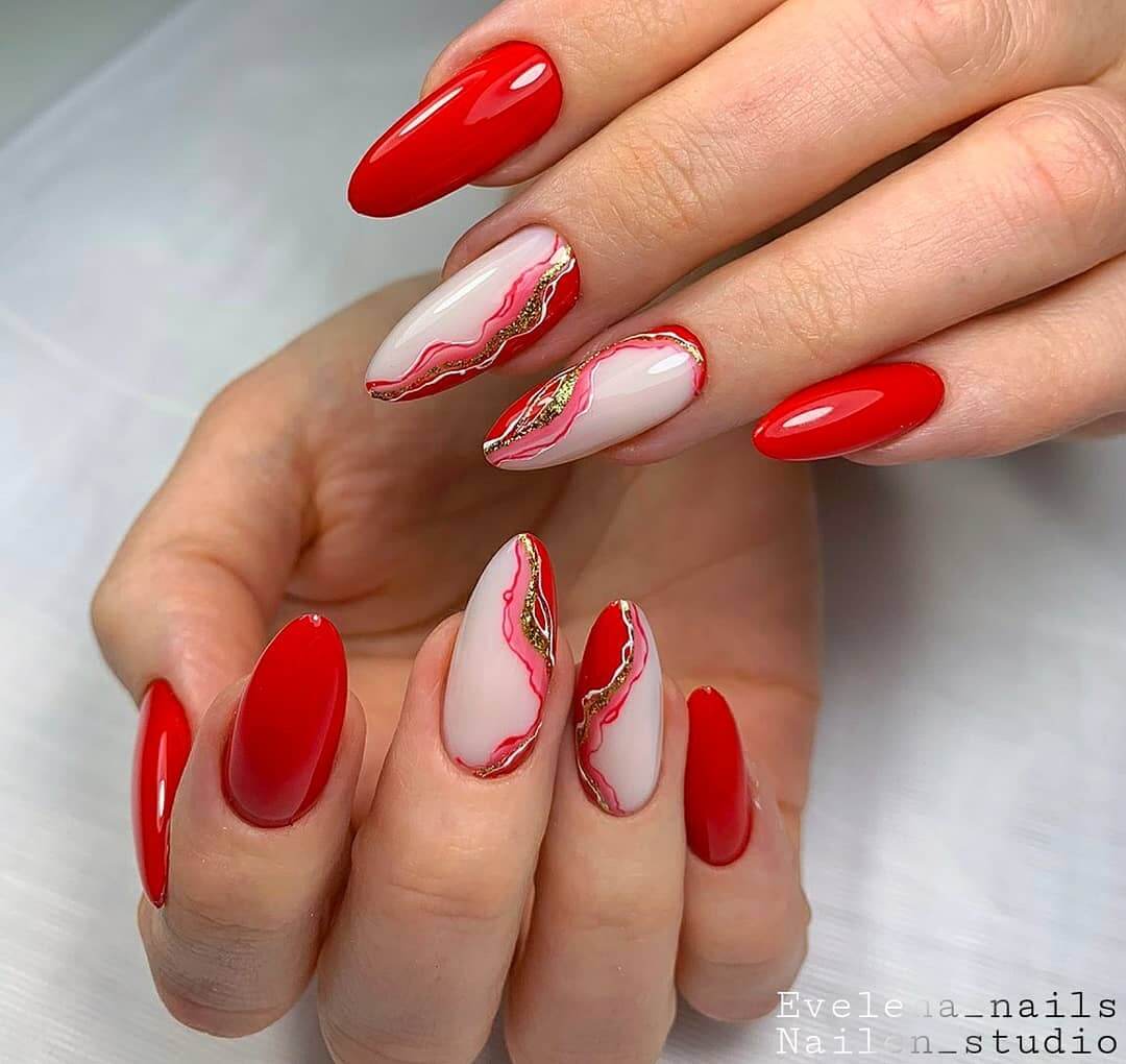 Red and White Marble Nail Design