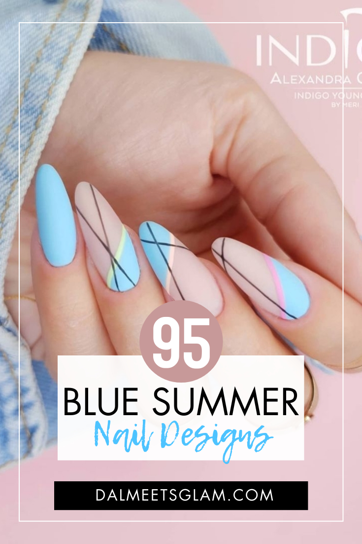 40 Trendy Flower Nail Designs That You Should Try : Blue Flower French + Blue  Polish Nails